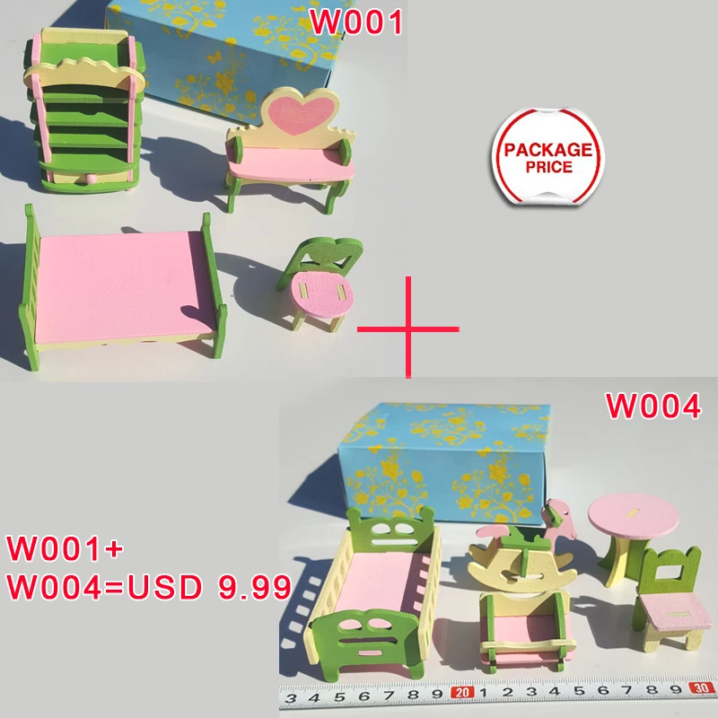 

W001+W004 DIY Educational Toys children birthday gift kids wooden toy Furniture doll house set bedroom baby room 2set/lot
