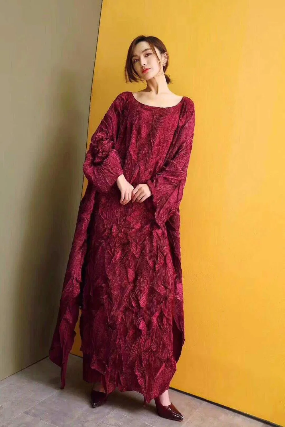 Miyake fold осенний комплект из двух предметов, плиссированная ветровка с длинными рукавами+ большое свободное платье с короткими рукавами