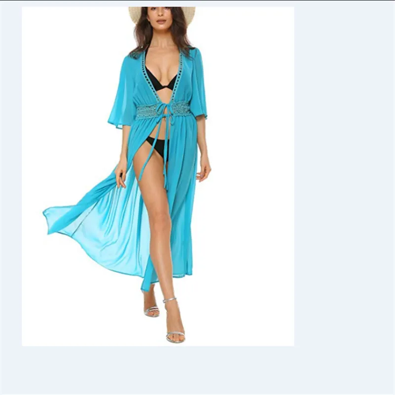 Light Blue Женское летнее бикини, Пляжное Платье в стиле бохо, Vestidos, пляжная одежда, купальный костюм, кафтан, с глубоким v-образным вырезом, с вырезом, на шнуровке, Длинное Платье Макси - Цвет: Light Blue