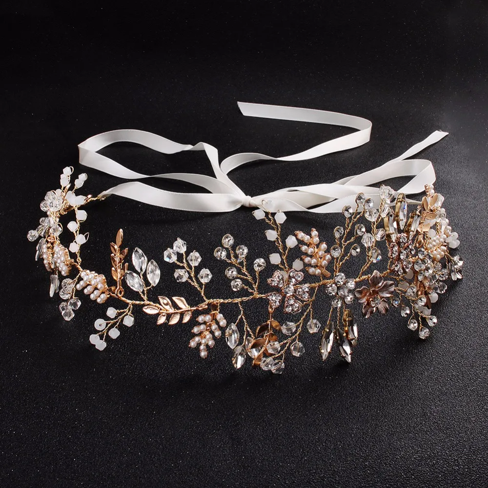 SLBRIDAL Золотой проводной кристалл горного хрусталя жемчуг свадебное украшение на голову свадебные волосы лоза аксессуары для волос подружки невесты для женщин ювелирные изделия