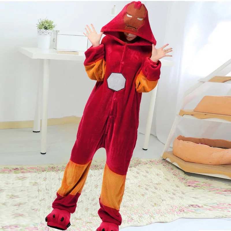 Персонаж человек паук Ironman onsie пижамы для девочек женщин зимние фланелевые Аниме