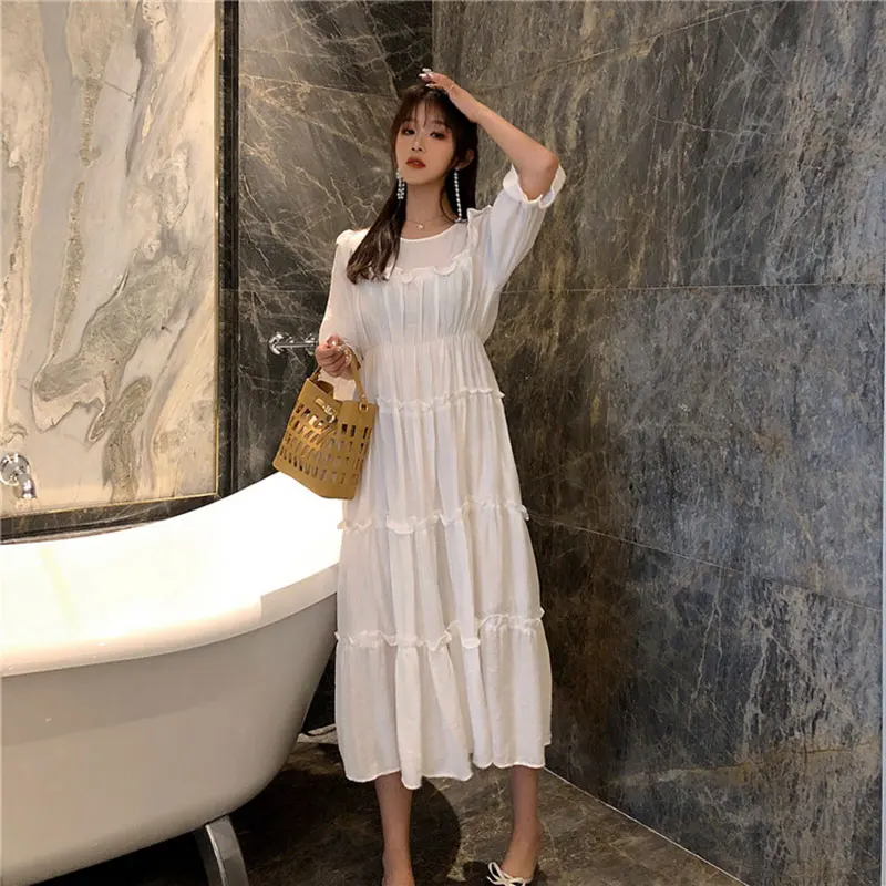 2019 корейская Весенняя модная женская одежда однотонное кружевное платье с
