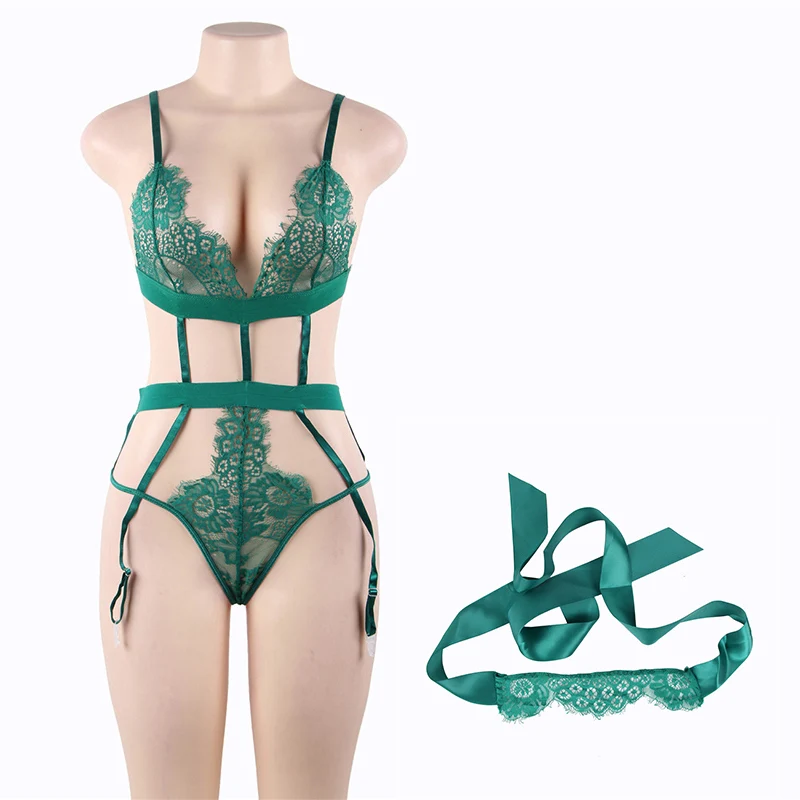 green lingerie set Эротическое Кружевное боди Boddy Mujer Encaje с открытой спиной, женское цельное нижнее белье с v-образным вырезом, боди с маской для глаз, сексуальное Тедди RS80559 - Color: green lingerie set