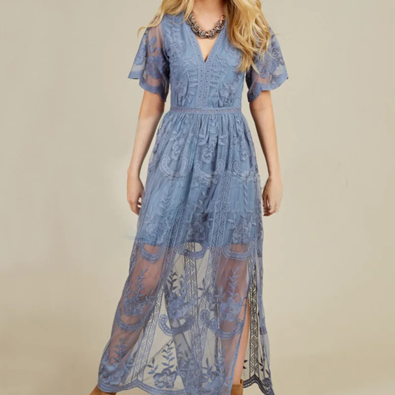 Женское кружевное платье с глубоким декольте коротким рукавом цветочной