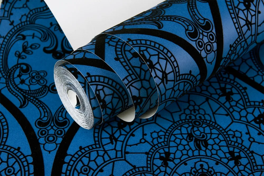 Новая дизайнерская синяя таинственная бумага дамасская бархатная ткань из флока