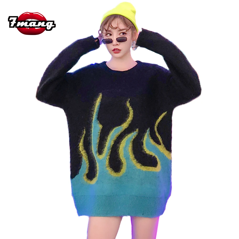 7mang 2018 autumn women street loose long fire sweater black o neck sleeve party | Женская одежда