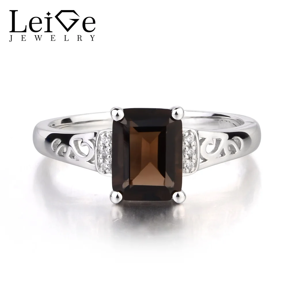 

Leige Jewelry Real Natural Smoky Quartz Ring Cocktail Party Rings Emerald Cut Fine Gemstone Solid 925 Sterling Silver for Women
