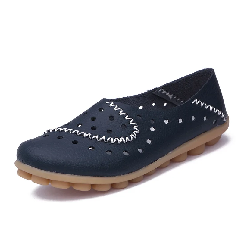 dark blue Женские мокасины; Женская Удобная обувь с вырезами; лоферы на плоской подошве размера плюс; осенние слипоны из натуральной кожи; Женская Повседневная прошитая обувь ручной работы - Цвет: dark blue