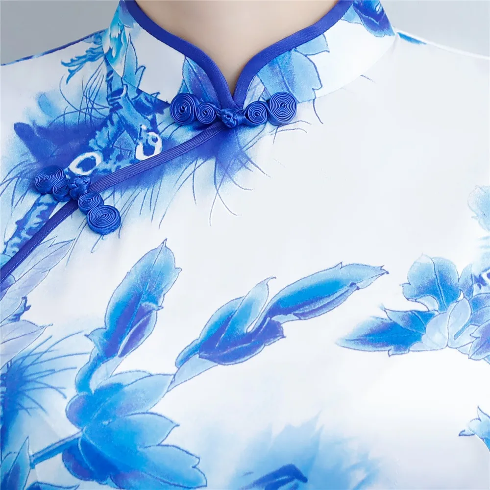 Шанхай история Синий принт белый Qipao искусственного шелка китайский Восточный