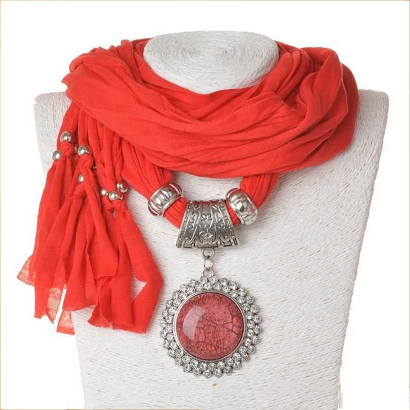 Long scarves pendant necklace women Oval shaped charm with big glass stones 5 color available round precious stone scarf |