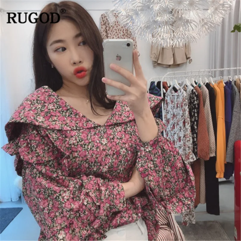 RUGOD 2019 Floral print women blouses v neck flare sleeves loose bohemian style sweet korean spring tops and |