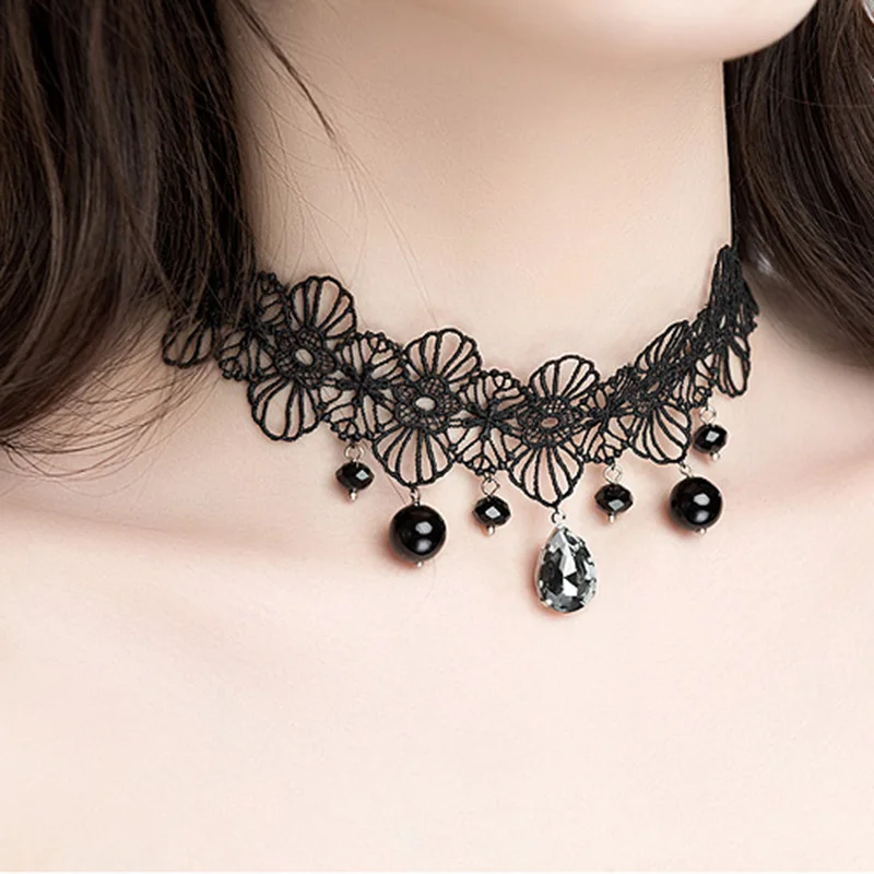LNRRABC 1PC Hot Sexy Black Lace Flower Waterdrop Rhinestones Pendant Women Lady Girl Popular Torques Short Necklace | Украшения и