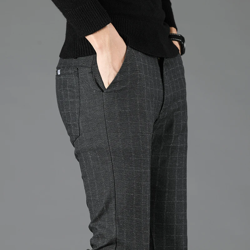 

2019 New Mens Plaid Casual Pants Korean Slim Fit Business Feet High Quality Stretch Trousers Male for Autumn Black Blue Gray