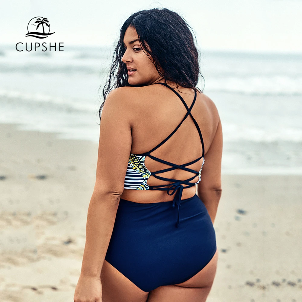CUPSHE плюс размер топ на бретелях шнуровке бикини наборы для женщин Geo Halter два
