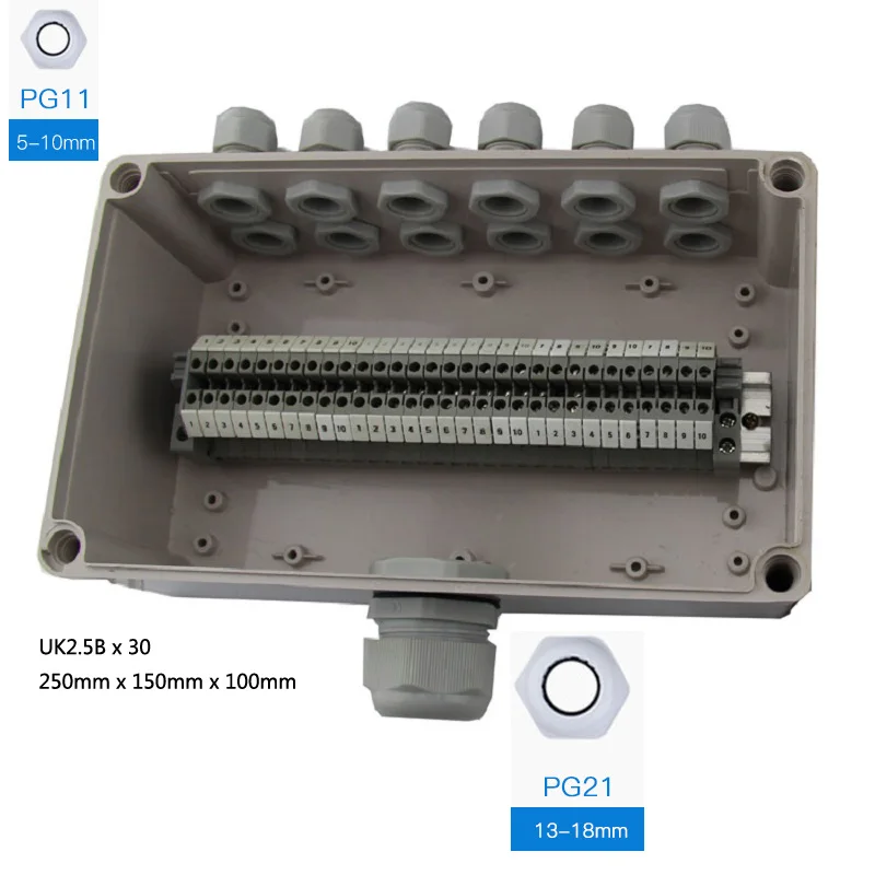 1 in 12 out box kit IP65 водонепроницаемая кабельная распределительная коробка 250*150*100 мм с UK2.5B din-рейку клеммные блоки Набор 12 способов - Цвет: 1 in 12 out box kit