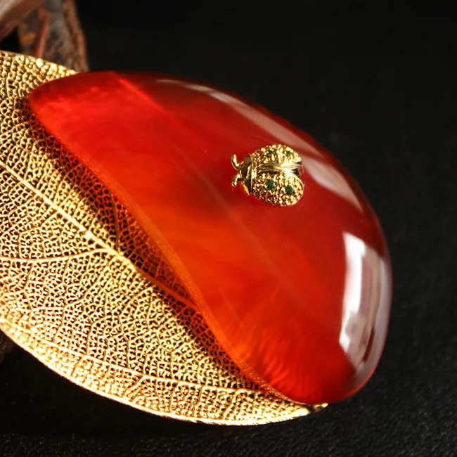 GLSEEVO, натуральный красный агат, Coccinella Septempunctata, брошь, полый лист, булавки, броши для женщин, двойное использование, роскошные ювелирные изделия GO0303