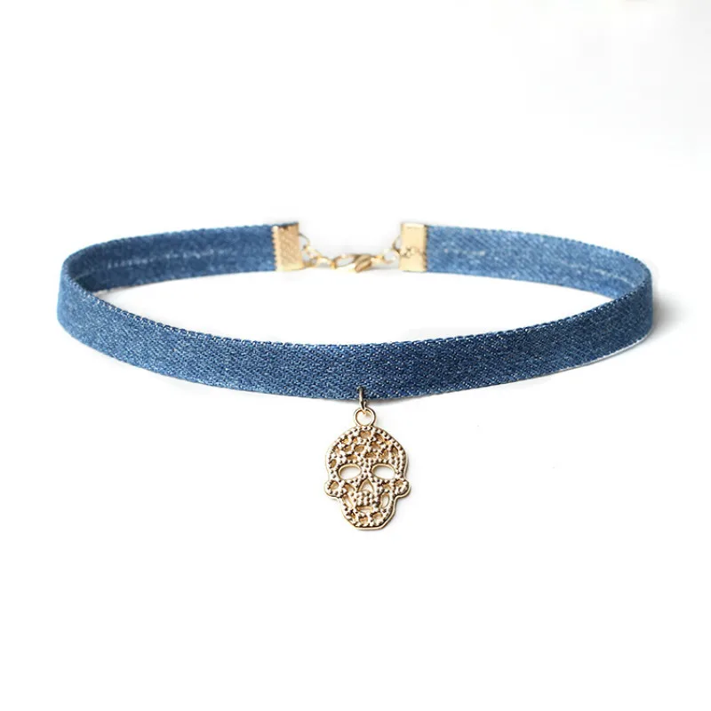 Новинка 2016 чокер из голубого денима ожерелье для женщин золотые треугольные