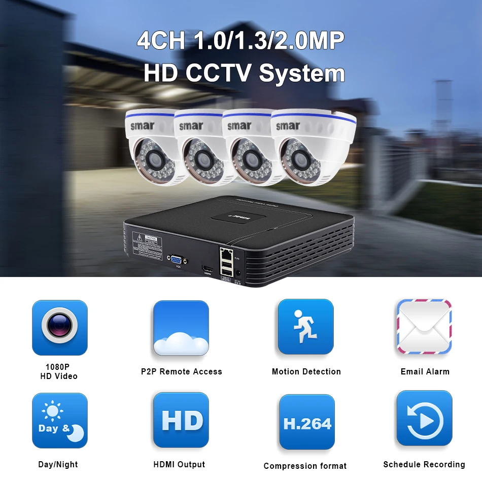 Sm4ch NVR комплект камер видеонаблюдения 4 шт. 1MP/1.3MP/2MP домашняя купольная ip-камера P2P система видеонаблюдения HDMI выход Onvif