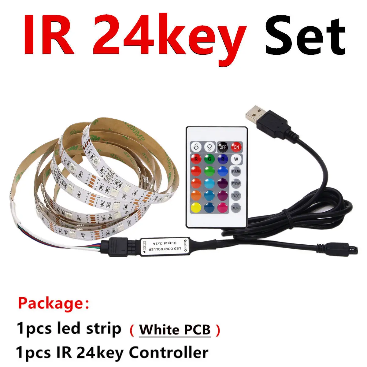 White PCB 24key Set USB RGB Светодиодные ленты Водонепроницаемый 5V 5050 SMD RGB USB Светодиодные ленты светильник с регулируемой яркостью, лента светодиодный светильник 17key 44Key/24key Добавить Wi-Fi - Испускаемый цвет: White PCB 24key Set
