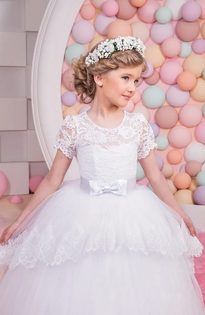 2018 Romantic White Lace Flower Girl Dress for Weddings Bow Belts Party First Communion Tulle Pageant Gown | Детская одежда и