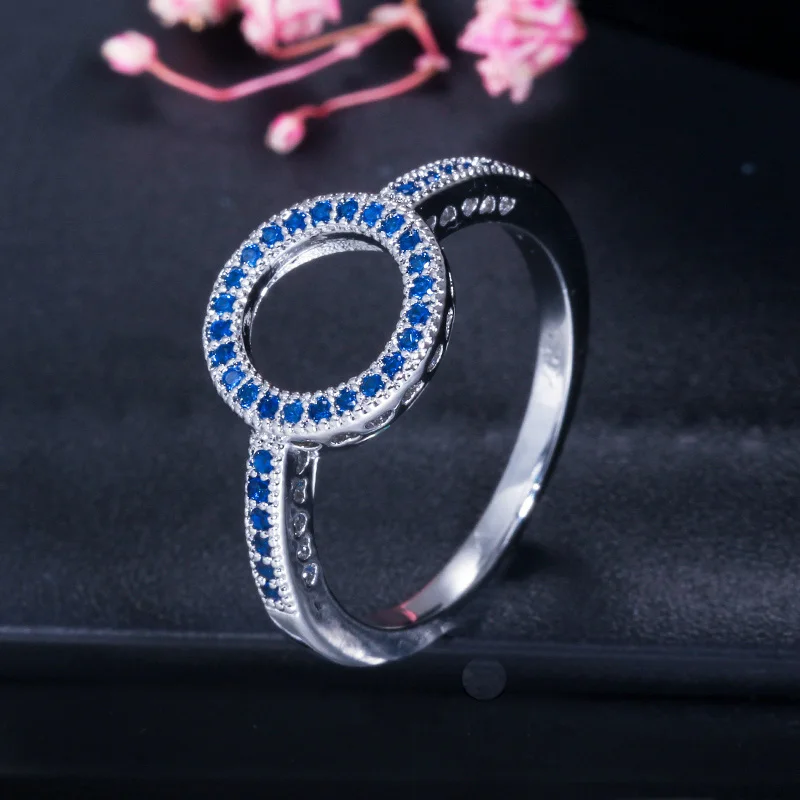 

Pera Fashion Women Engagement Party Silver Color Big Hollow Out Round Shape Blue Cubic Zirconia Simple Finger Rings Jewelry R094