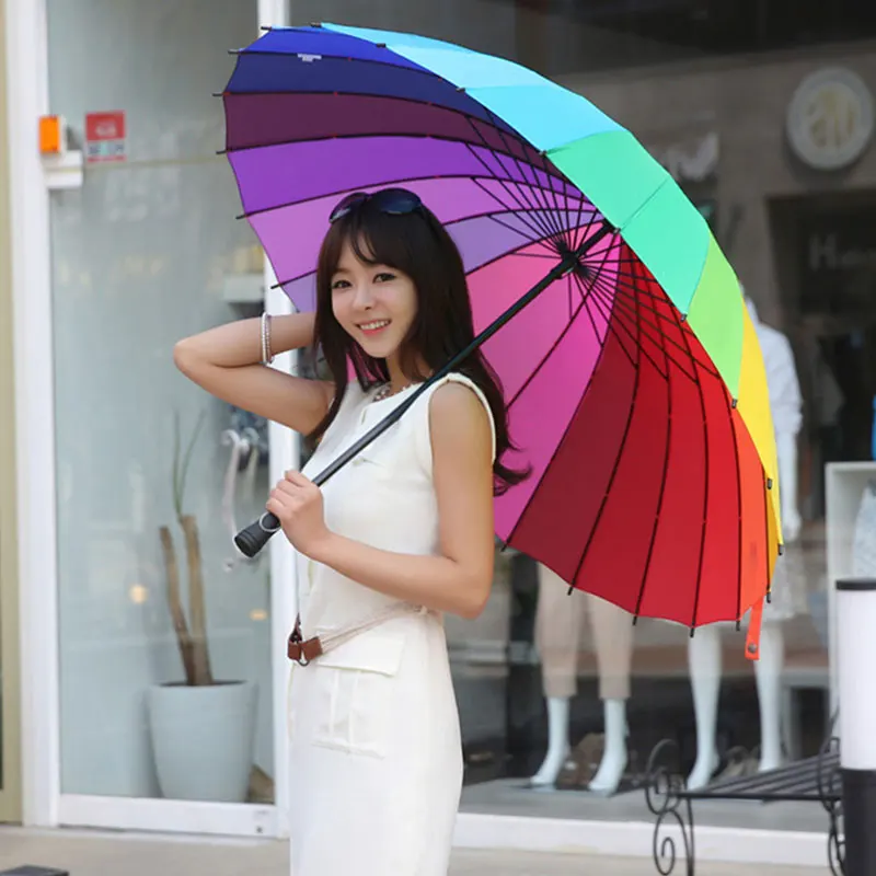 Модный женский зонтик от дождя с большой длинной ручкой прямой цветной Зонт
