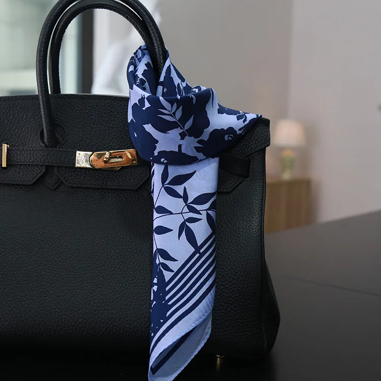 

High quality silk scarf smooth navy blue traditional chinese style leaves plant ink silk scarf handbag decor scarf
