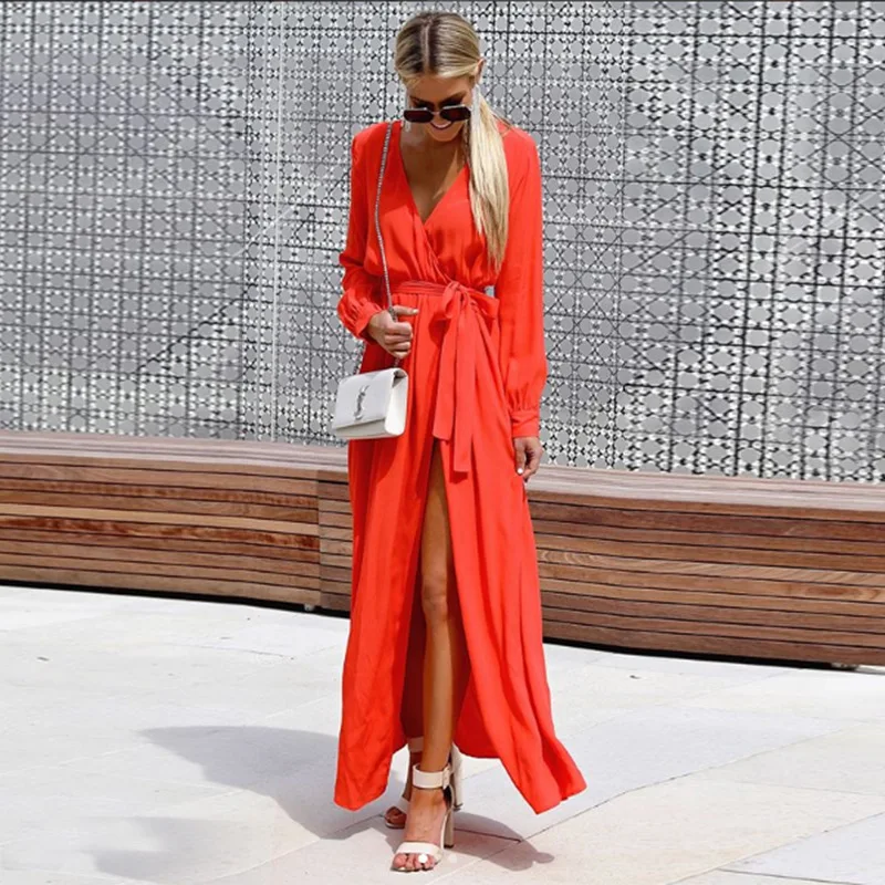 Однотонное модное летнее богемное пляжное платье с V образным вырезом и длинным