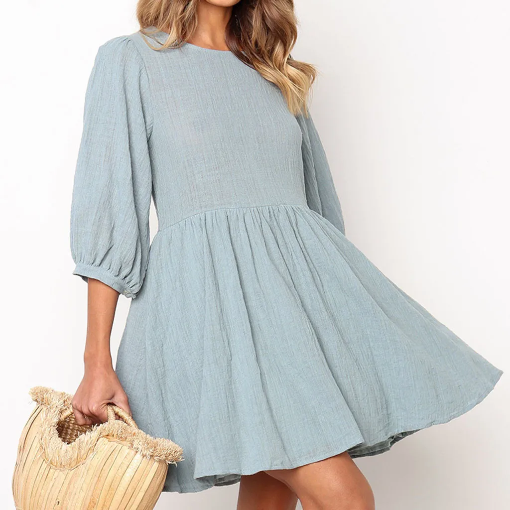 Новое поступление 2019 женское однотонное платье с круглым вырезом и рукавом до