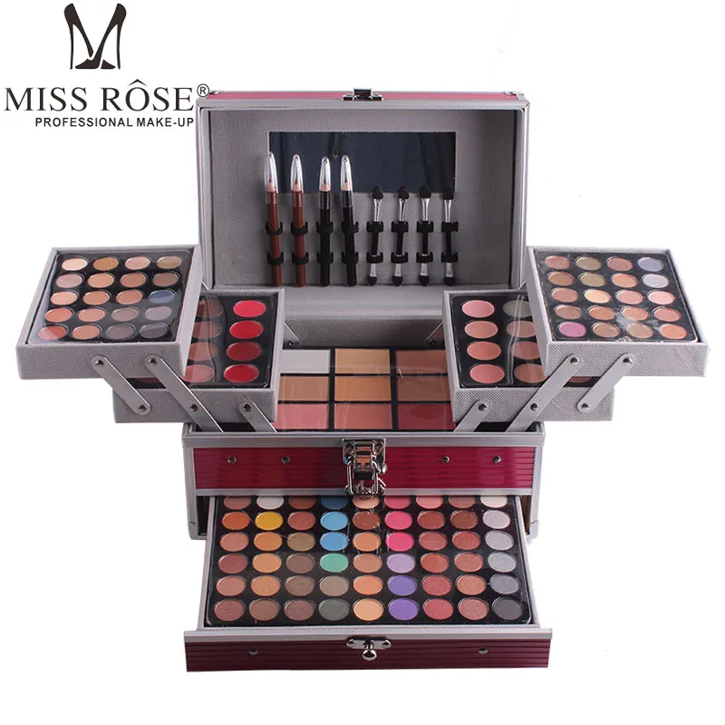 Miss Rose, профессиональный набор для макияжа поле в Алюминий три слоя включают Блеск тени, блеск для губ Румяна для визажиста MS067