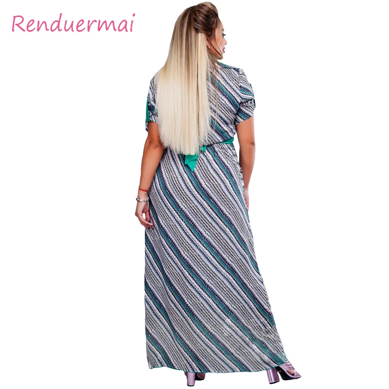 Осень 2017 г. платье большой Размеры женская одежда короткий рукав полосатый макси