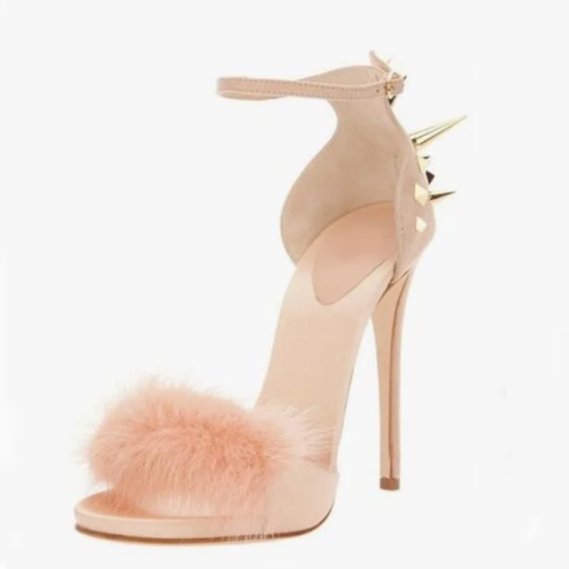 

Buckle Strap Rivets Sandals Hot Selling Women Solid Pink Black Ankle Fashion Fur Gold Decoration High Thin Heel Party Shoes