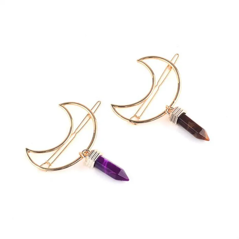 Louleur Moon Shape Hair Clips Quartz Natural Stone Hexagon Prism Charming Hairpin Gifts Hollow Gold Vintage Accessories | Украшения и