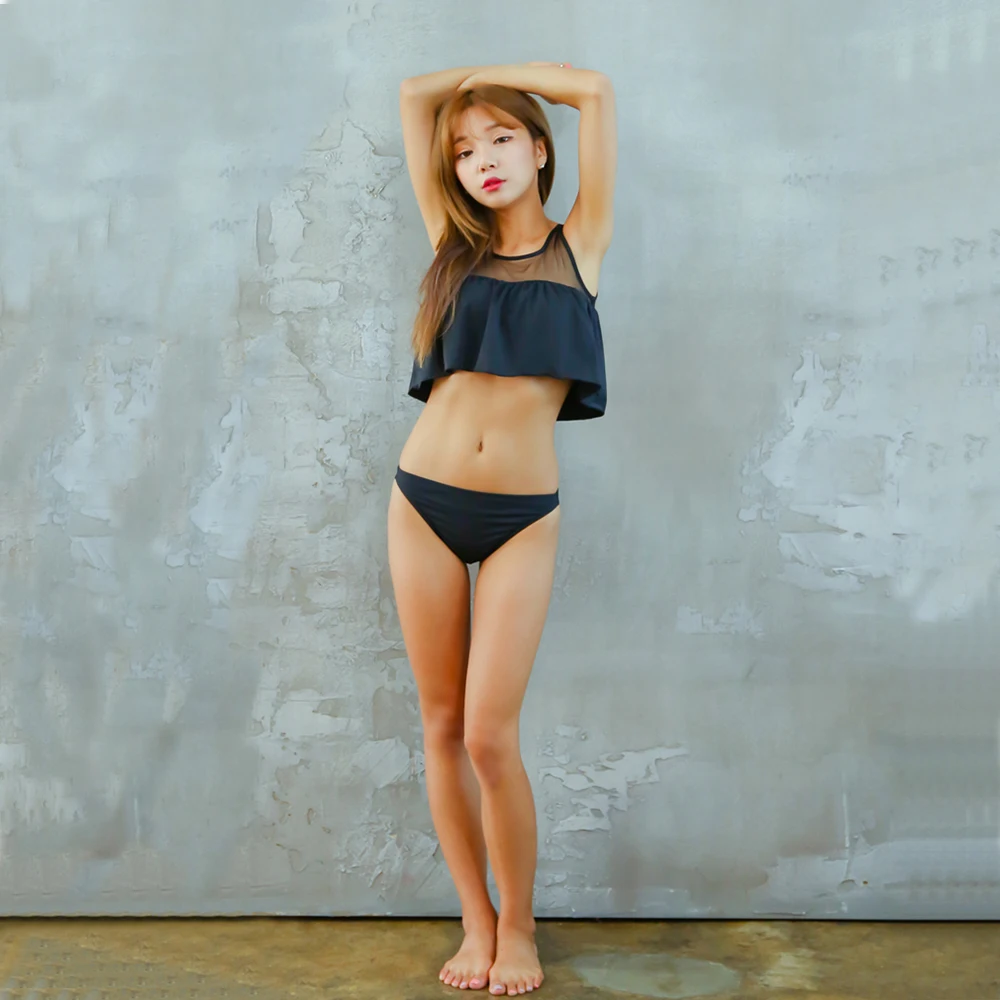 

New Summer Beach Swimwear Solid Low Waist Bikini Concise Style Swimsuit Black Frill Bathing Suit