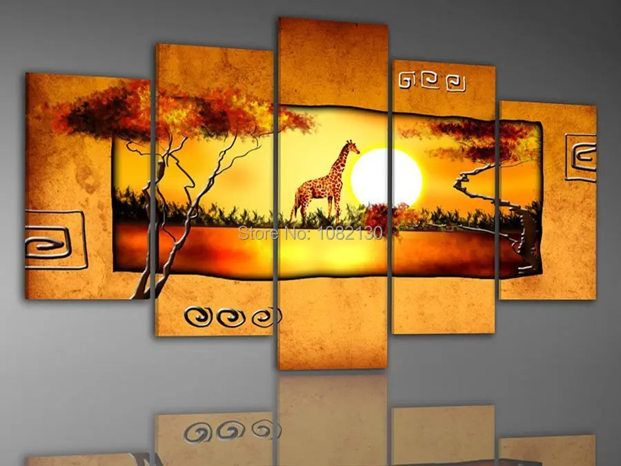 handpainted wall art landscape home decoration pictures modern 5 piece giraffe sunset oil painting on canvas for living room | Дом и сад