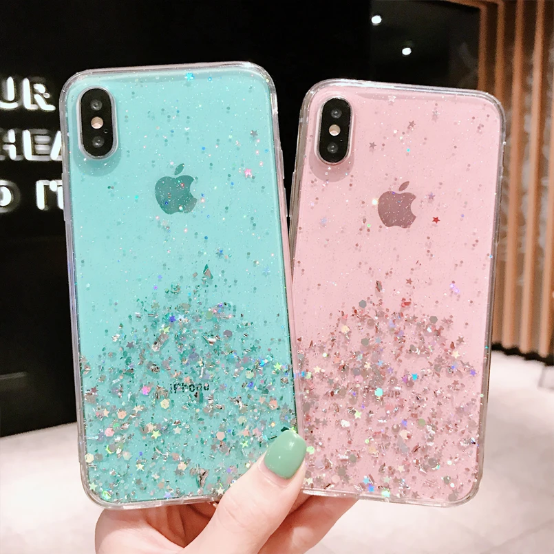 Роскошные Стразы с блестками чехол для iPhone 6 6S 8 7 Plus Звезда прозрачная задняя