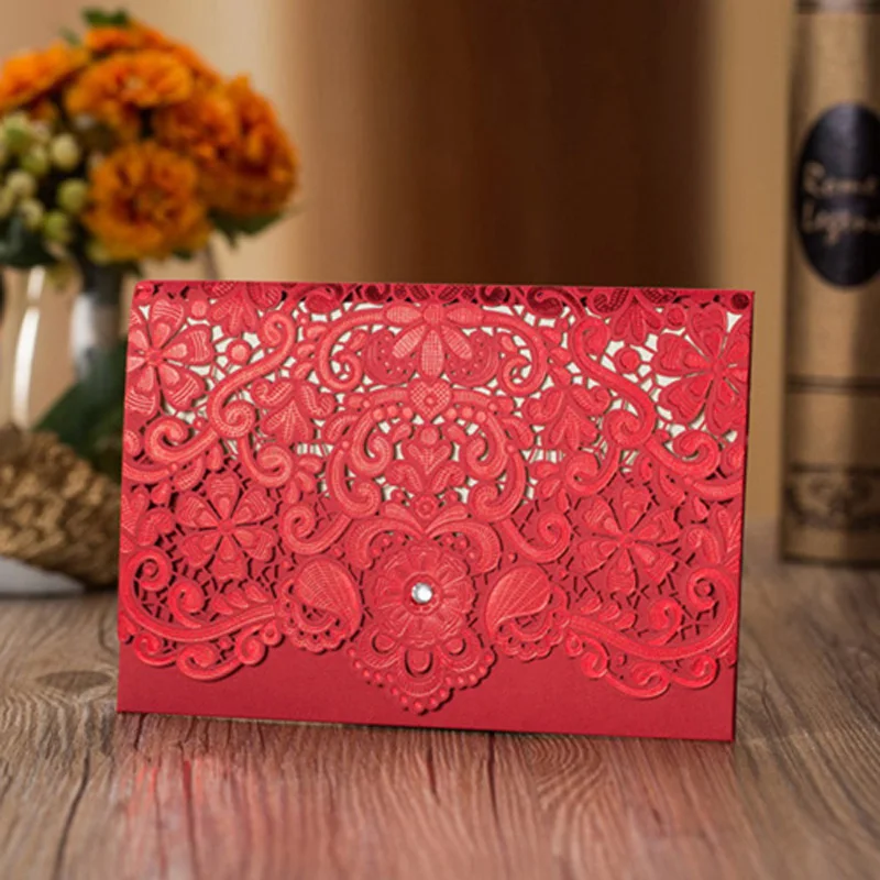 10pcs/pack Gold Red Laser Cut Lace Wedding Invitation Card Elegant Hollow Out Carved Diamond Event Party Supply | Дом и сад