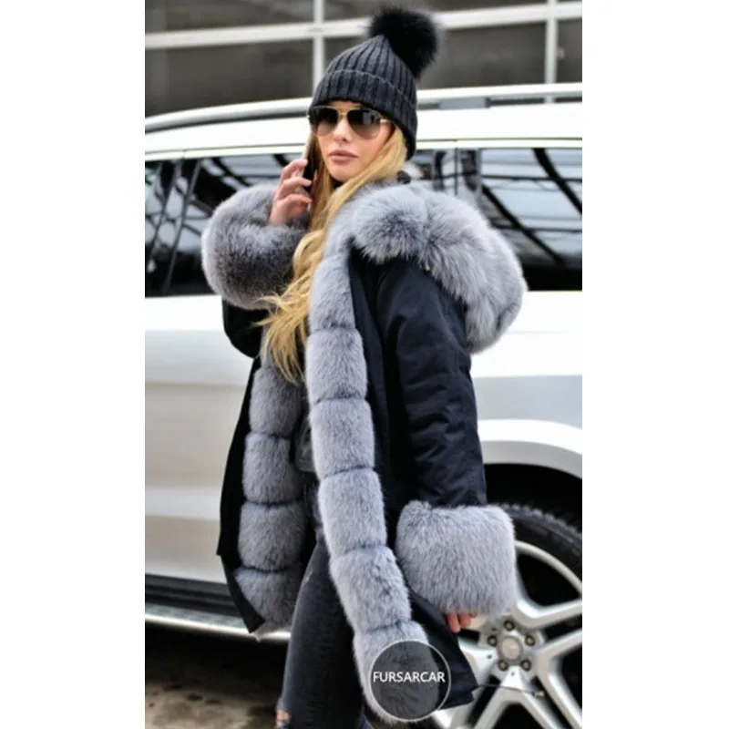 

FURSARCAR 2020 Black Color Fashion Luxury Fur Parkas Rabbit Lining Winter Thick Warm Real Fur Parka Women Natural Fox Fur Collar