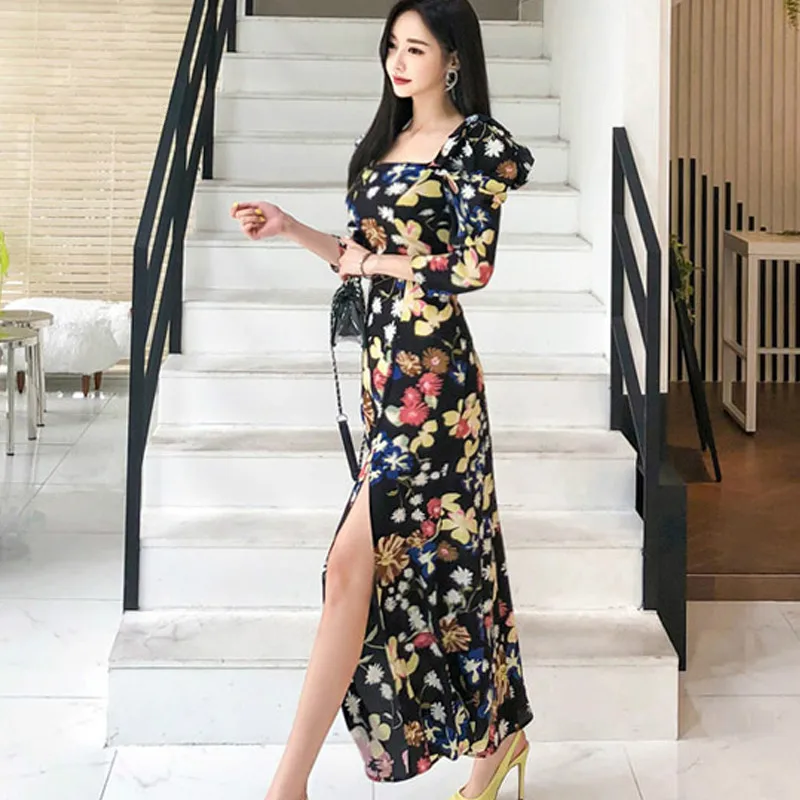 

Vintage Print Floral Beach Dress Women Floral Flower Bohemian Style Dresses OL Elegant High Split Bodycon Vestidos TA7534