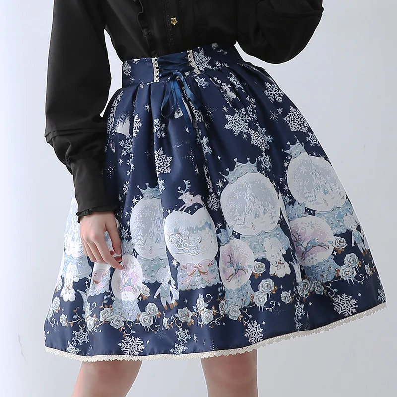 

Snowing World ~ Sweet Mori Girl Skirt Printed Navy Blue Short Skirt