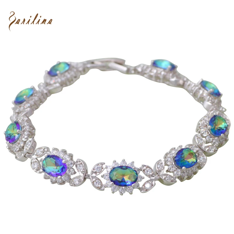 

New 2021 Wedding Jewelry Rainbow Mystic Cubic Zirconia Silver Color Fashion Jewelry Bracelets Bangles 19cm 7.48 Inch B466