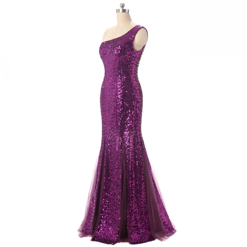 Женское платье Русалочка JaneVini фиолетовое длинное на одно плечо с блестками для