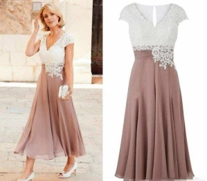 

Mother of the Bride Dress Deep V Neck Chiffon Ankle Length Wedding Guest Dress Short Sleeves Top Lace Groom Party Gowns
