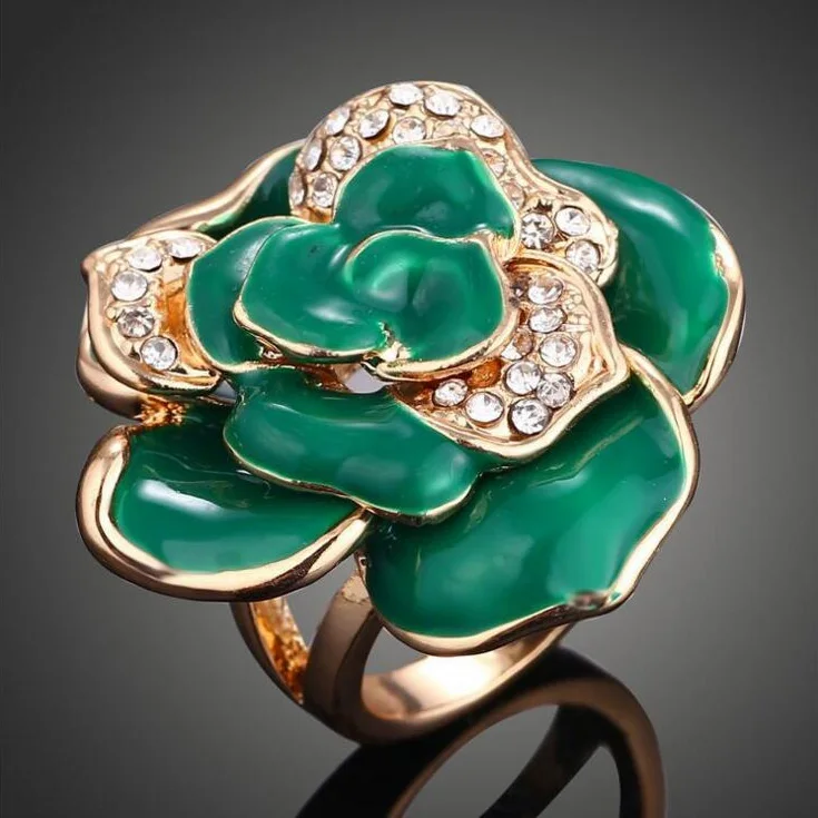 Винтажное кольцо Стразы в ретро стиле с большим цветком для женщин Золотая эмаль