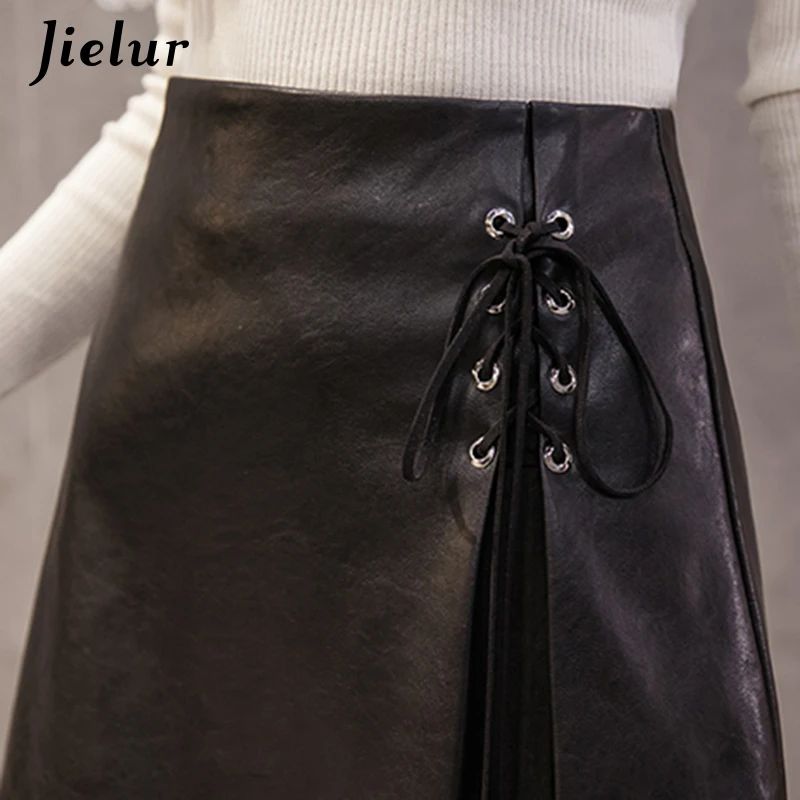 Jielur 2019 осенние корейские трапециевидные юбки из искусственной кожи женские для