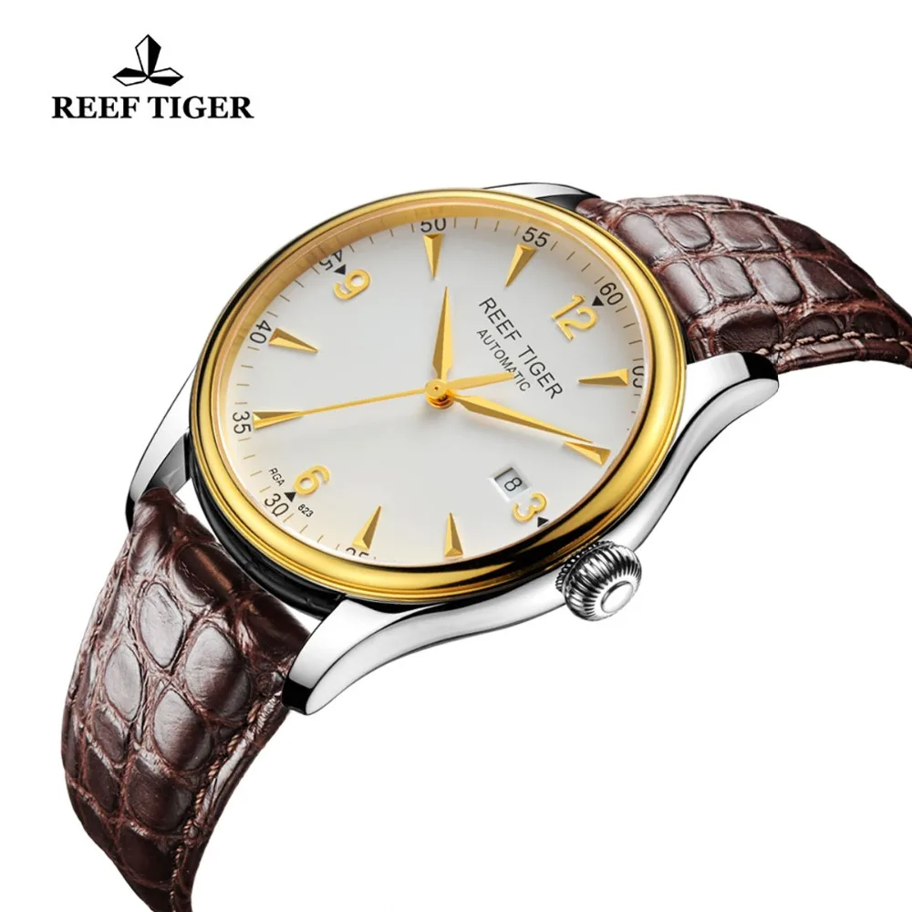 Мужские деловые часы Reef Tiger/RT с ремешком из аллигатора и желтым золотом