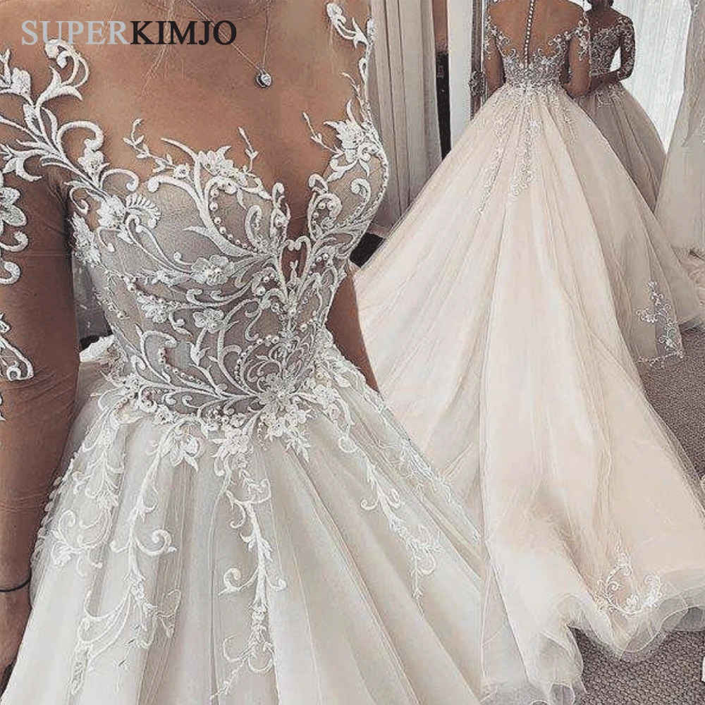 SuperKimJo с длинным рукавом свадебные платья Бохо кружева аппликация бисером элегантные свадебные платья цвета шампань Robe Mariage