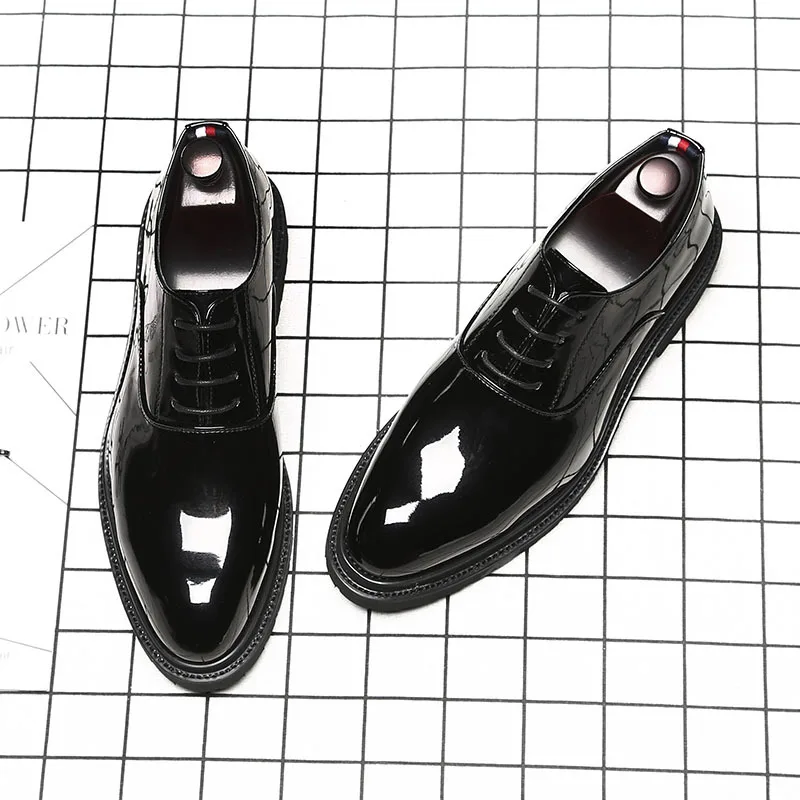 Fashion Patent Black Men Shoes Men's Lace-up Breathable Hard-wearing Pointed Toe Business Leather Leisure Dress | Обувь