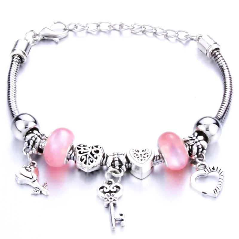 Покрытие из розового золота Романтическая любовь DIY браслет с подвесками Love Heart ключ и замок браслет для Для женщин, ювелирное изделие, рождественские Новое поступление на год подарок - Окраска металла: Покрытие из розового золота