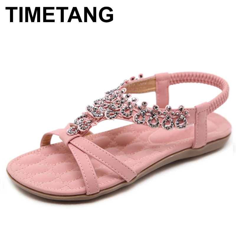 

TIMETANG 2018 New Summer Ladies Shoes Flower Crystal Flat Sandals Women Big Size sandalias mujer Bohemia Women Shoes 35-42